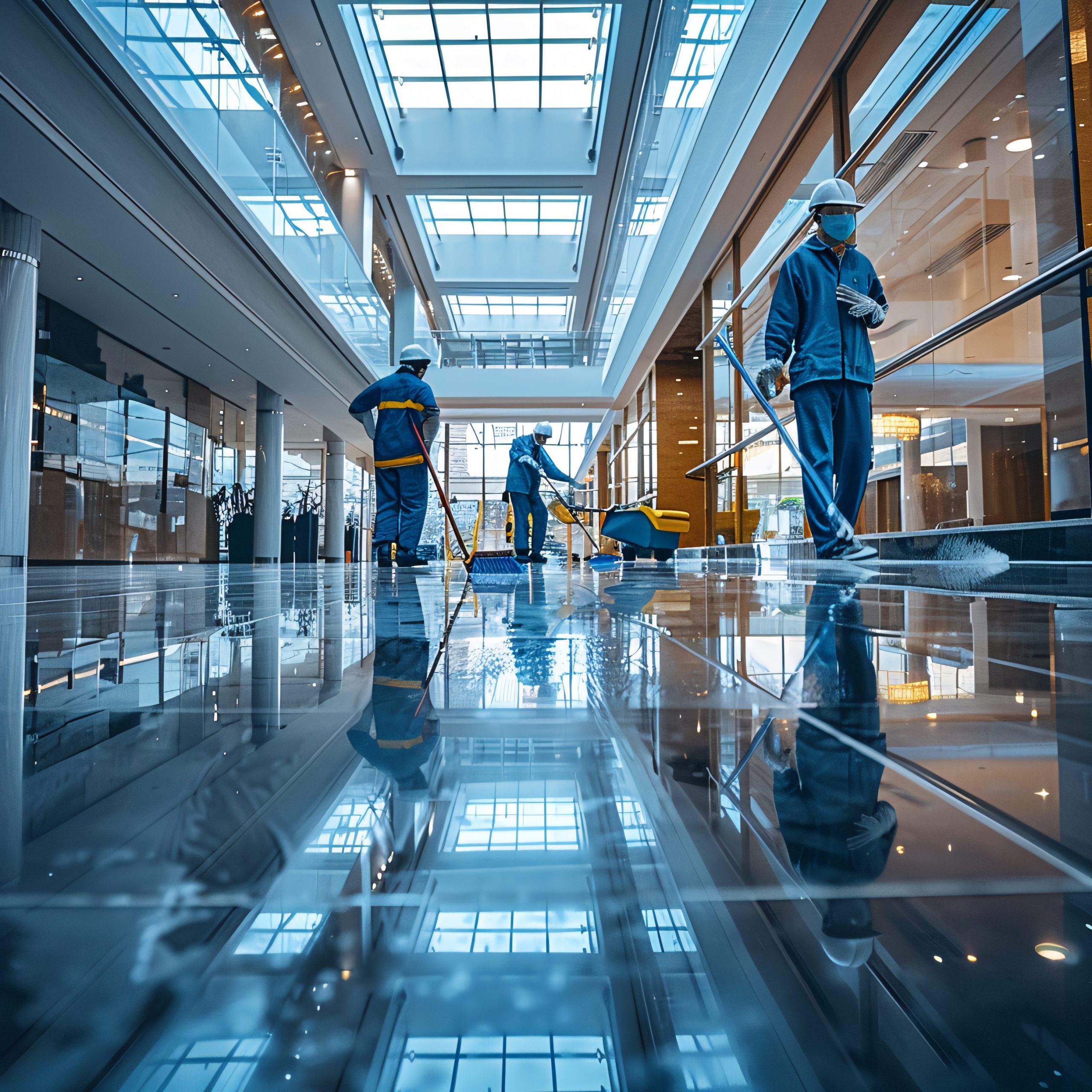 A team of engineers in a commercial building in the city are cleaning the metal fixtures and flooring